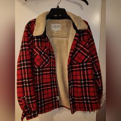 Soho Threads Red Flannel Jacket With Sherpa Lining Size L Never Worn Casual Red Collared Outerwear, Red Cotton Outerwear For Fall, Casual Red Outerwear For Cold Weather, Cozy Red Outerwear For Fall, Flannel Coat, Flannel Outfits, Red Flannel, Flannel Jacket, Red Outfit