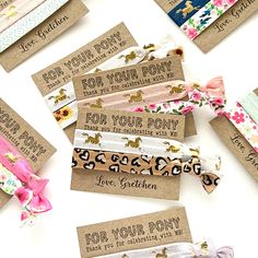 several different types of headbands are laid out on top of each other, with the words for your pony printed on them