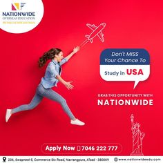 a woman jumping up in the air with an airplane above her head and text that reads, don't miss your chance to study in usa grab opportunity with nationwide nationwide