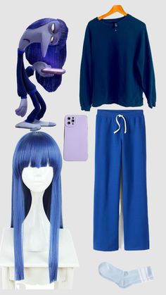 an anime outfit with long blue hair and purple shoes is displayed on a white background