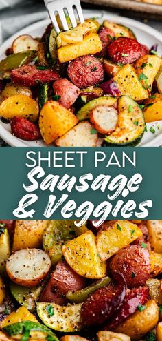 A top image of a plate filled with sheet pan sausage and veggies with a fork spearing a bite, and a bottom image of a close up of cooked and seasoned sausage and veggies. Easy Sausage Dinner, Sheet Pan Sausage And Veggies, Pan Sausage And Veggies, Sheet Pan Sausage, Sausage And Veggies, Veggie Recipe, Sausage Dinner, Sheet Pan Suppers, Pasta Sides