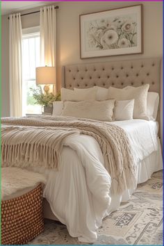 a bedroom with a large bed covered in white blankets and pillows next to a window