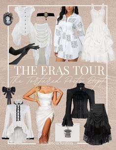 the eras tour poster with various dresses and accessories