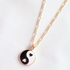 Gold dipped yin yang necklace Length: 16 + 2” Trendy White Heart Necklace With Adjustable Chain, Trendy White Necklaces For Friendship, White Trendy Necklace For Friendship, Yin Yang Necklace, Necklace Colorful, Gold Dipped, Colourful Necklace, Black Heart, Yin Yang