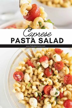 pasta salad with tomatoes, shrimp and mozzarella in a bowl on a white plate