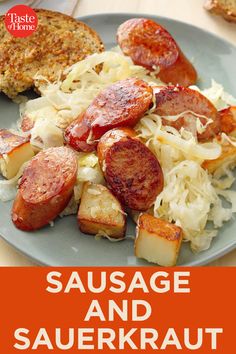 sausage and sauerkraut on a blue plate with text overlay that reads sausage and sauerkraut