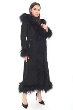 Made to order long coats for women.  Material ; Outside lining is genuine suede leather.  Outside trimmed natural mongolian fur.  İnterior lining is natural shearling.  Every size avaialble.  Length is 50 inches.  Custom made. İf you like to have coat more longer, shorter or diffirent colours please messages me.  There is removable hoodie.  There is two pockets on it with zip. There is belt and buckle on coat.  Keeps you warm well.  We have door to door express shipping.  For custom order, wholesale or other questions please contact with us.  bemyboots.etsy.com Thank You Black Long Winter Fur Coat, Long Coats For Women, Shearling Coat Womens, Mother Days, Warm Coats, Coat Fur, Sheepskin Coat, Hoodie Coat, Coat Winter