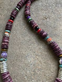 Sterling Silver Graduated Purple Spiny Oyster Multi Stone Bead Necklace. 28 inch Bohemian Single Strand Round Beads, Stone Bead Necklace, Coral Beads Necklace, White Buffalo Turquoise, Stone Beaded Necklace, Turquoise Bracelet Cuff, Turquoise Cuff, Cluster Pendant, Spiny Oyster