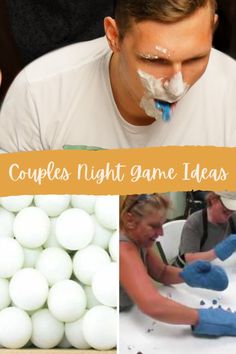 several pictures with people making different things out of white balls and text that reads couples night game ideas