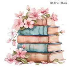 a stack of books with pink flowers on top