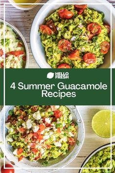 four different guacamole recipes in bowls with limes, tomatoes and other ingredients