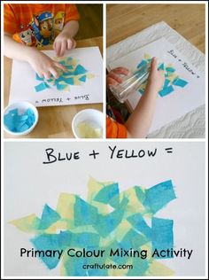 the process for making blue and yellow paper with watercolors is shown in this collage