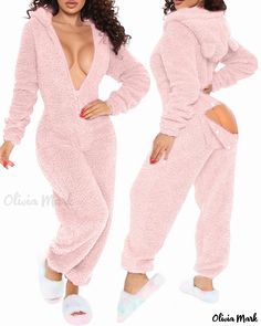 Olivia Mark - Red Plush Long-Sleeve Jumpsuit with Creative Design Lounge Jumpsuit, Cutout Style, Bodysuit Designs, Pink Jumpsuit, One Piece Pajamas, Long Sleeve Jumpsuit, Casual Jumpsuit, One Piece Suit, Trend Fashion