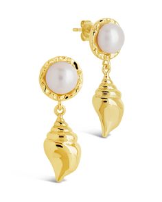 Beverly Drops Studs Earring Sterling Forever Gold Elegant Shell-shaped Pearl Earrings, Elegant Shell Pearl Earrings For Gift, Elegant Shell-shaped Pearl Earrings For Wedding, Elegant Gold Shell Pearl Earrings, Shells And Pearls, Solid Gold Bracelet, Solid Gold Earrings, Statement Drop Earrings, Mens Accessories Jewelry