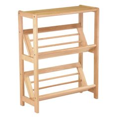 a wooden rack with two rows of shelves on each side and a red line at the top