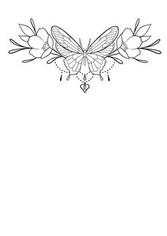 a black and white drawing of a butterfly with flowers on it's back side