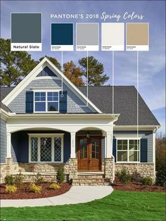 a house with blue siding and white trim