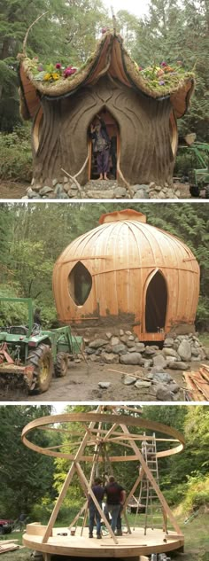 three pictures showing different stages of making a house out of logs and wood, with people working on the roof