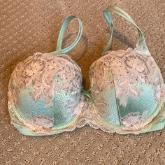 Beautiful Push Up Bra, Never Worn, Tags Removed Has Crystals And Embellishments Green Fitted Lace Bra, Green Lace Bra With Lace Trim, Elegant Green Push-up Bra, Green Lace Bra With Padded Cups, Elegant Green Stretch Bra, Green Lace Party Bra, Victoria's Secret Partially Lined Push-up Bra, Elegant Green Bra With Padded Cups, Stretch Lace Bra With Lined Body