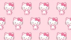 a pink hello kitty wallpaper with lots of heads