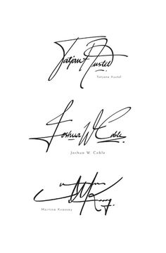 three signed autographs are shown in black and white