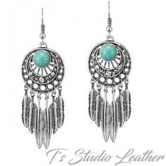 Earrings - Western Silver Turquoise Feather Earrings