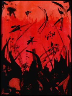 an abstract painting with red and black colors