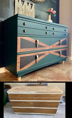 an old dresser has been painted with different colors and patterns on the top, bottom, and bottom