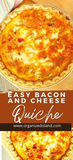 an easy bacon and cheese quiche recipe is shown in this image with the title above it