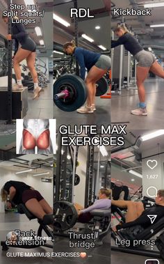 a series of photos showing different exercises for women in the gym, including squatting and bench presses