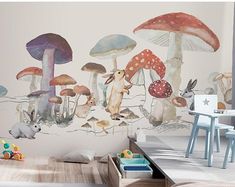 a child's room with mushrooms and rabbits painted on the wall