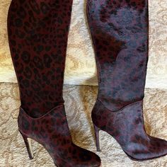 New Lk Bennett London Wine/Black Real Leather Calf Hair Knee High Boots Size 36. Beautiful Boots. Color Is Wine Background With Black Animal Print. Very Well Made As All L.K. Bennet Chic Leopard Print Leather Boots, Leopard Print Leather Boots For Party, Chic Calf Hair Boots With Round Toe, Elegant Leopard Print Heels For Fall, Elegant Leopard Print Fall Heels, Wine Background, Lk Bennett Shoes, Lk Bennett, Black Animals