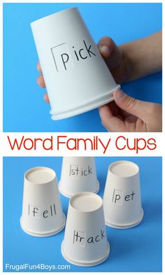 the word family cups are being held in front of each other