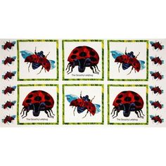 four red and black ladybugs on white paper with green squares in the middle