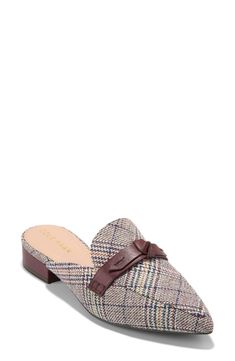 A dainty bow adds a dose of sweetness to a refined mule elongated by a pointy toe. 1" heel Leather upper/synthetic lining/rubber sole Imported Elegant Slip-on Mules With Bow, Elegant Bow Slip-on Mules, Elegant Flat Mules For Fall, Fall Formal Flat Mules, Bow Mules, Mules Shoes, Cole Haan, Mule, Nordstrom Rack