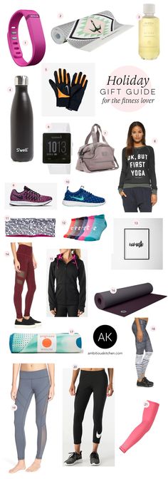 a collage of various items that include yoga pants, gloves and sports bras