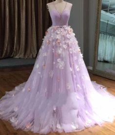 Prom Dresses Tulle V-neck Long 3d Flower Lace Long Evening Dresses