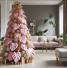 a living room with a pink christmas tree in the center and gold ornaments on the bottom