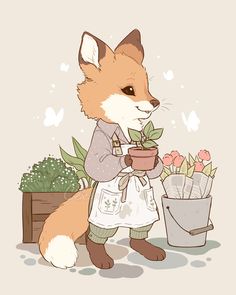 a fox is holding a potted plant in it's paws and wearing an apron