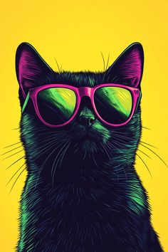 a black cat wearing pink sunglasses on a yellow background