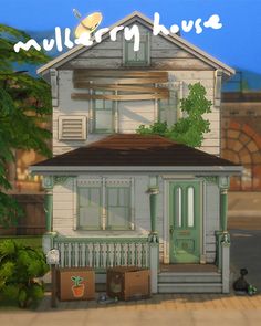 an animated image of a house with the words mulberry house in front of it