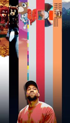 a man standing in front of a multicolored background with images of animals and people