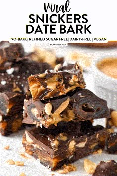 no bake chocolate peanut butter snack bars stacked on top of each other with text overlay