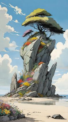 a painting of a rock formation with trees on top and flowers growing out of it