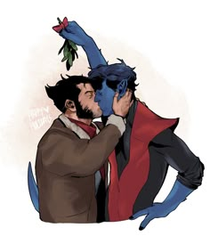 two men are hugging each other and one is wearing a red jacket with blue hair