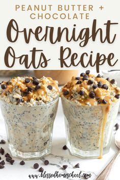 overnight oatmeal cups with chocolate chips in them and the title overlay reads,