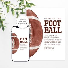 an image of a football party flyer on a table with a cell phone and plant