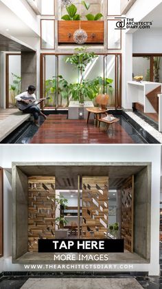 two images showing the inside and outside of a house with plants growing out of it