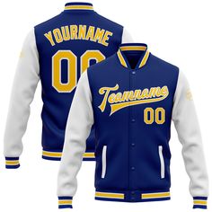 Custom Royal Yellow-White Bomber Full-Snap Varsity Letterman Two Tone Jacket White Long Sleeve Varsity Jacket For Baseball Season, White College Style Outerwear For Baseball Season, Collegiate Team-colored Varsity Jacket With Team Name, Collegiate Varsity Jacket With Team Name, Varsity Jacket With Team Name And Long Sleeves, Varsity Style Jacket With Team Name, Team-colored Varsity Jacket With Baseball Collar, Team Spirit Varsity Jacket With Baseball Collar, White Baseball Collar Outerwear For Sports Events