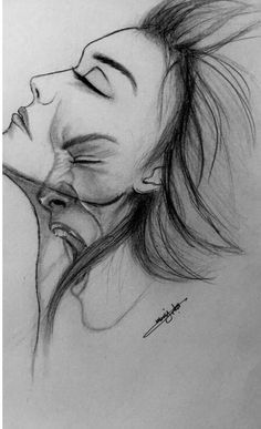 a pencil drawing of a woman's face with her eyes closed and nose open